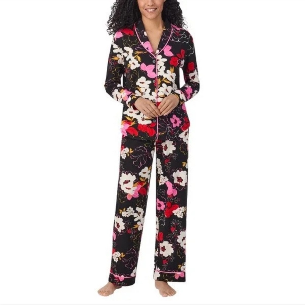 NWT Room Service Floral Shawl Collar Pajama Set Small Black Button Down